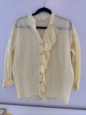 Marylou Paris Pale Yellow Ruffle Button-Down Blouse - Women's Top